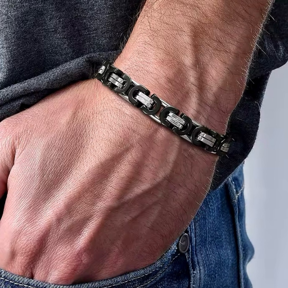 8.5mm Black Silver Link Chain Bracelets for Men Two Tone Bracelet 8”